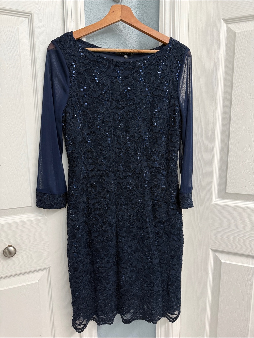 Navy Lace & Sequin Midi Dress with Sheer Sleeves - size 12